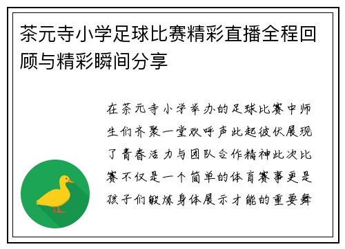 茶元寺小学足球比赛精彩直播全程回顾与精彩瞬间分享